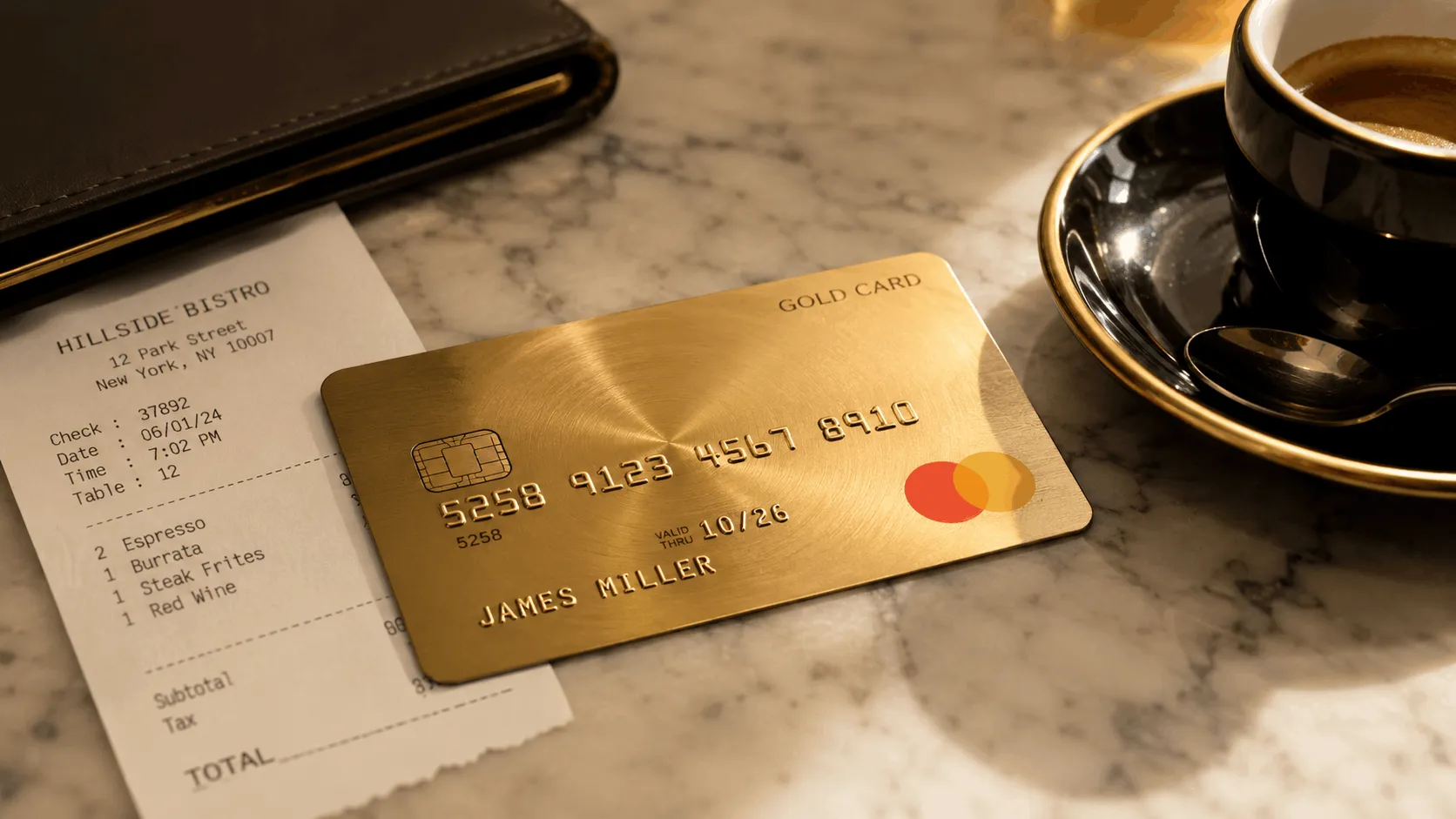 Gold metal credit card representing the Amex Gold Card annual fee and dining rewards