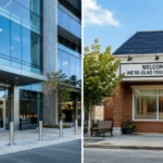 Split image comparing a bank branch and a credit union branch side by side