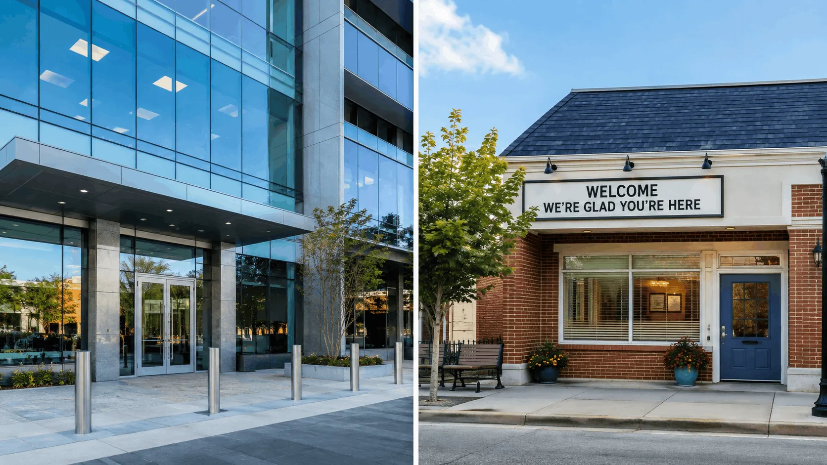 Split image comparing a bank branch and a credit union branch side by side