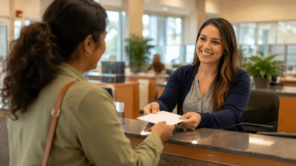 Credit union teller assisting a member at a community branch counter