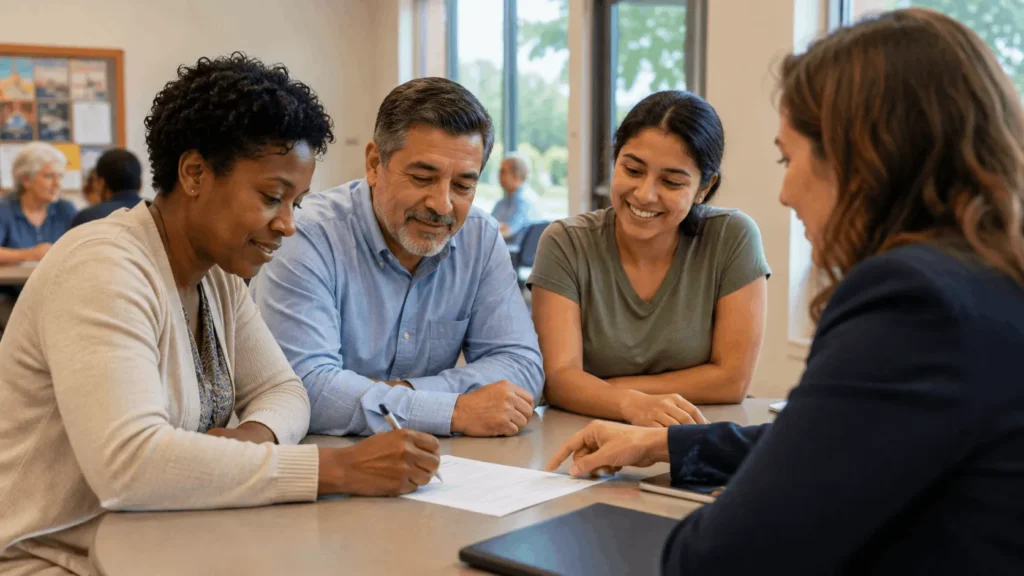 People joining a credit union by signing membership paperwork