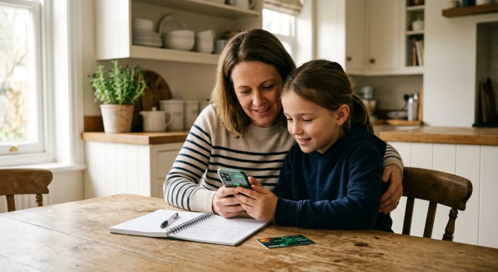 Greenlight Debit Card: Costs, Features, Verdict 1 parent and child reviewing the Greenlight debit card app together