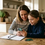 parent and child reviewing the Greenlight debit card app together