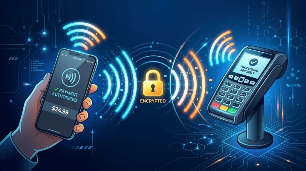 Illustration of encrypted wireless signal between a phone and terminal representing contactless payment security