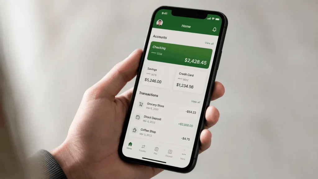 Person holding a smartphone open to a banking app before starting the process to close a Chime account