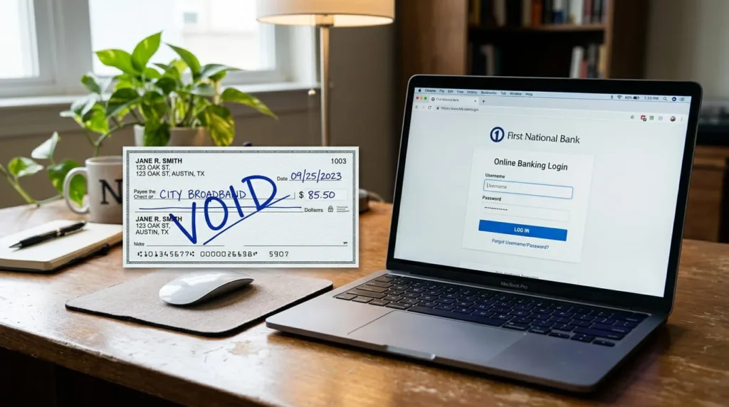 How to Read a Cheque: Every Part of a Check Explained 4 Voided check next to a laptop, showing how to read a cheque's numbers for setting up direct deposit