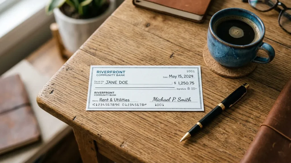 Personal check on a wooden desk showing the parts you check when learning how to read a cheque