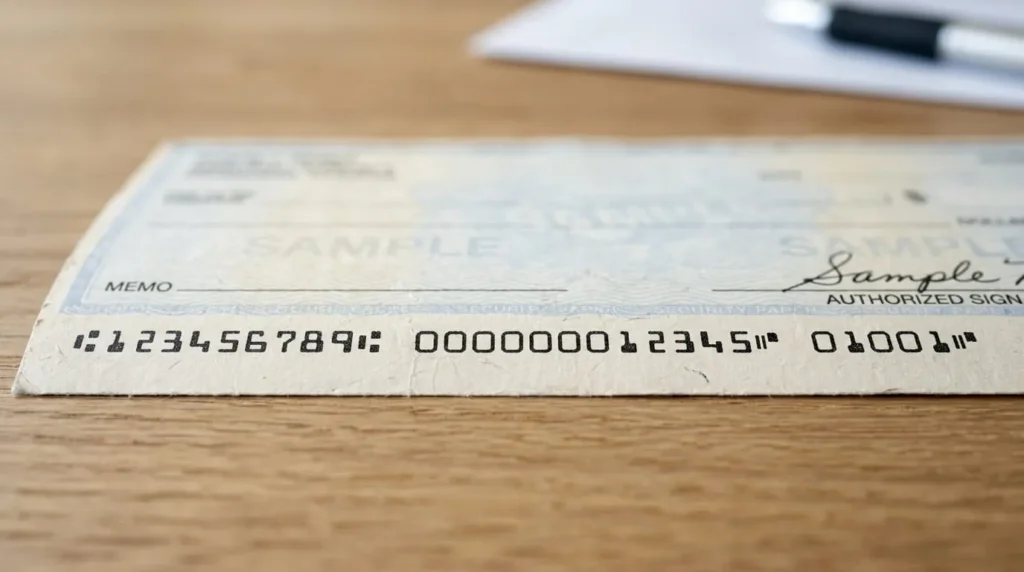 How to Read a Cheque: Every Part of a Check Explained 3 Close-up of the bottom line of numbers, showing exactly how to read a cheque's routing and account details