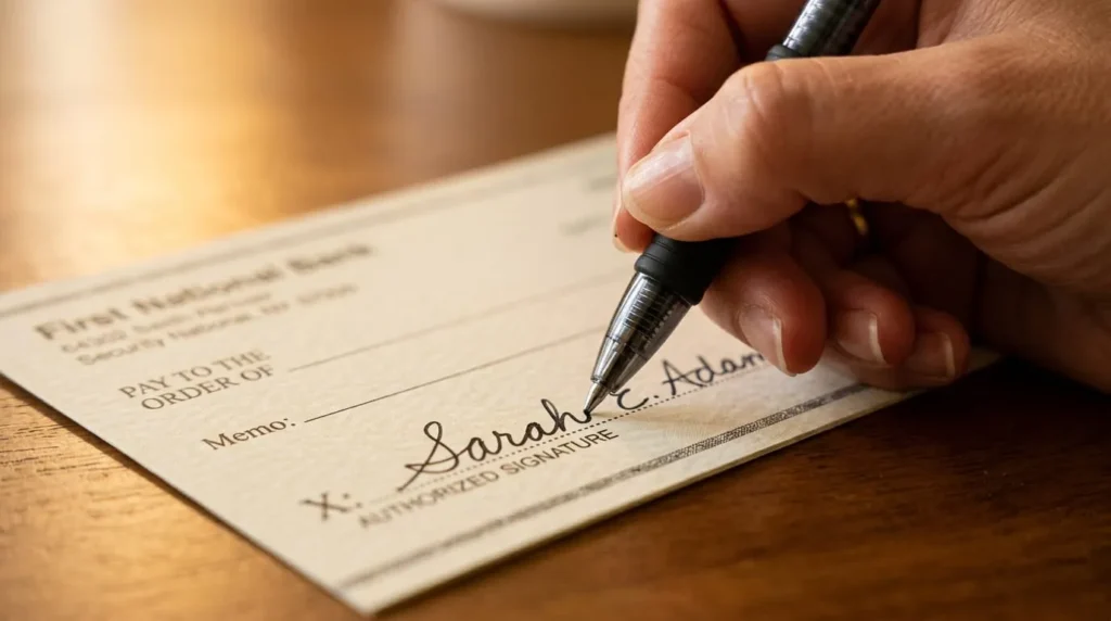 How to Read a Cheque: Every Part of a Check Explained 2 Hand signing the signature line, a key step in how to read a cheque before it clears
