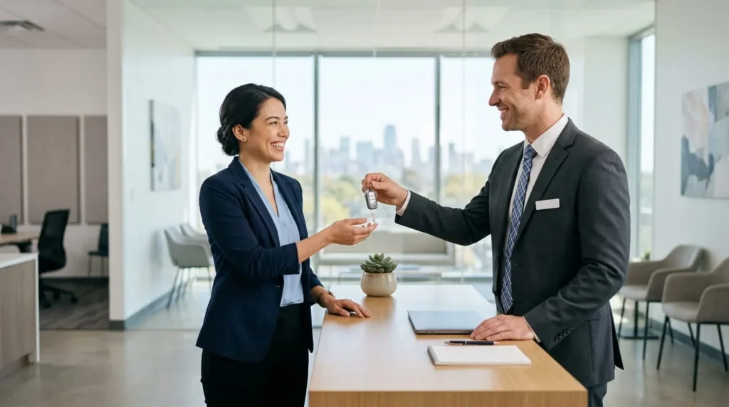 Insurance agent helping a driver transition from non-standard auto insurance to a standard policy
