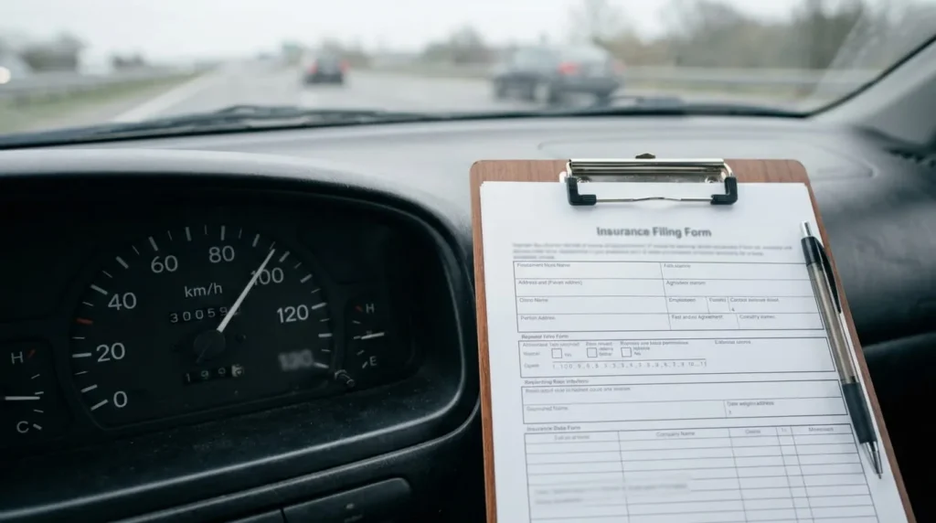 SR-22 filing form associated with non-standard auto insurance resting on a car seat