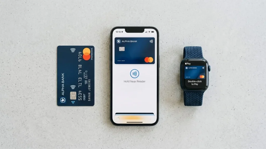Contactless payment card, smartphone, and smartwatch shown together as payment options