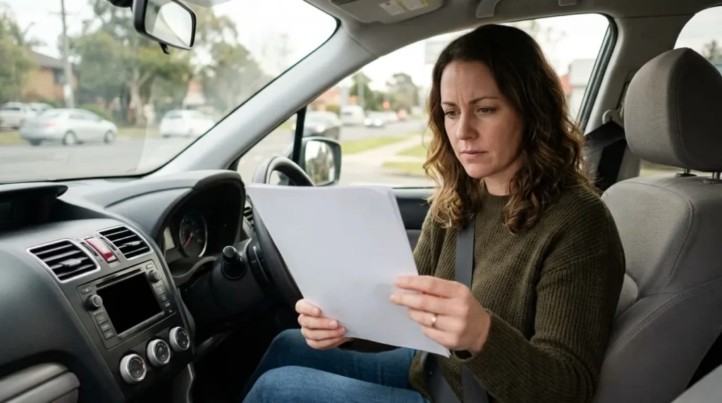 Driver reviewing a non-standard auto insurance policy document inside a car