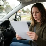 Driver reviewing a non-standard auto insurance policy document inside a car