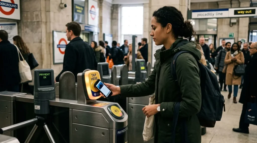 Commuter tapping a phone to pay with contactless payment at a transit turnstile