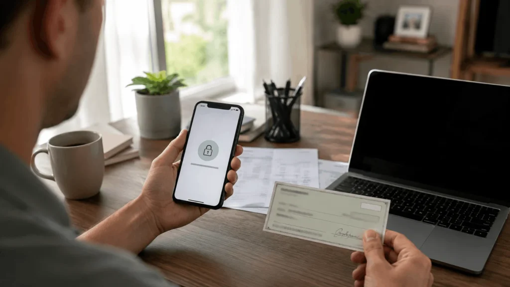 Person reviewing a closed digital bank account on a smartphone with a refund check and bank statements on a desk