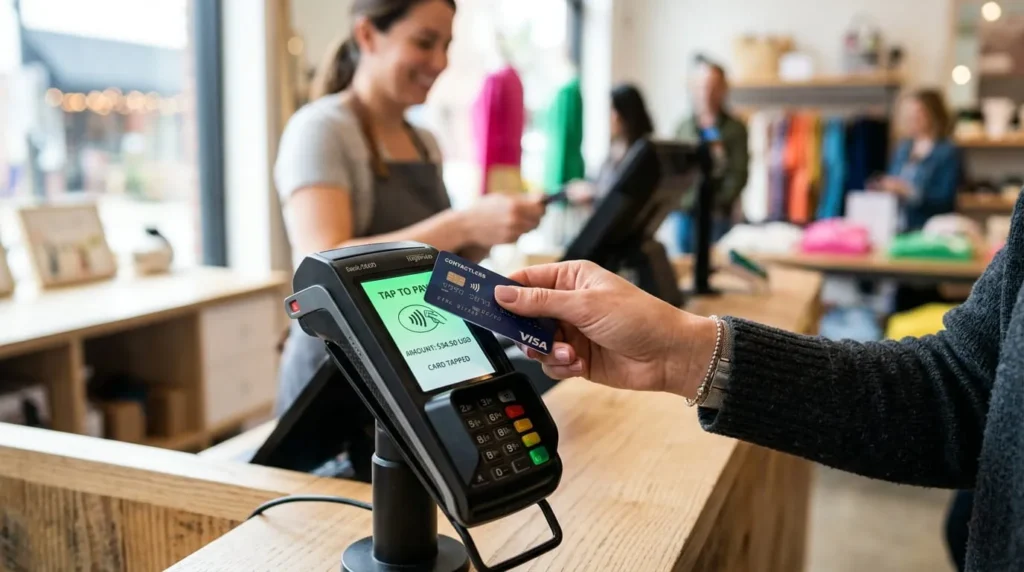 Hand tapping a contactless payment card on a point-of-sale terminal to complete checkout