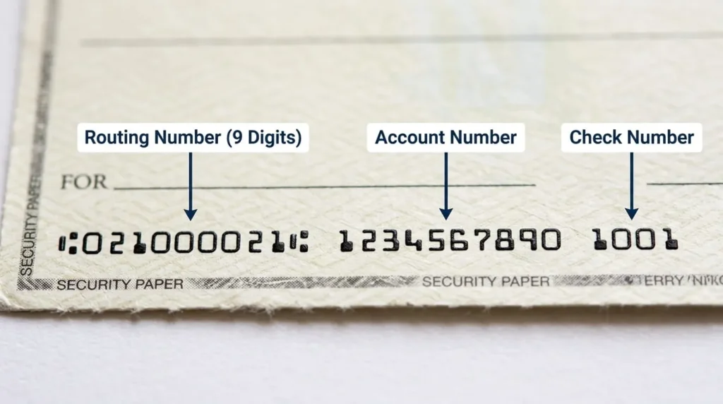 Where Is the Check Number on a Check 2 Close-up of the MICR line showing where is the check number on a check compared to routing and account numbers