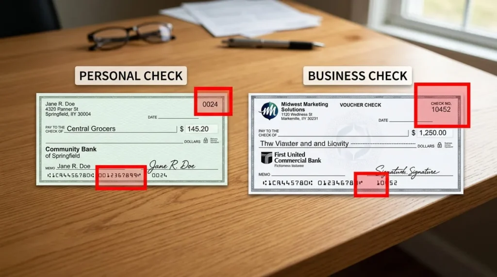 Where Is the Check Number on a Check 3 Personal and business checks compared to show where is the check number on a check in each format