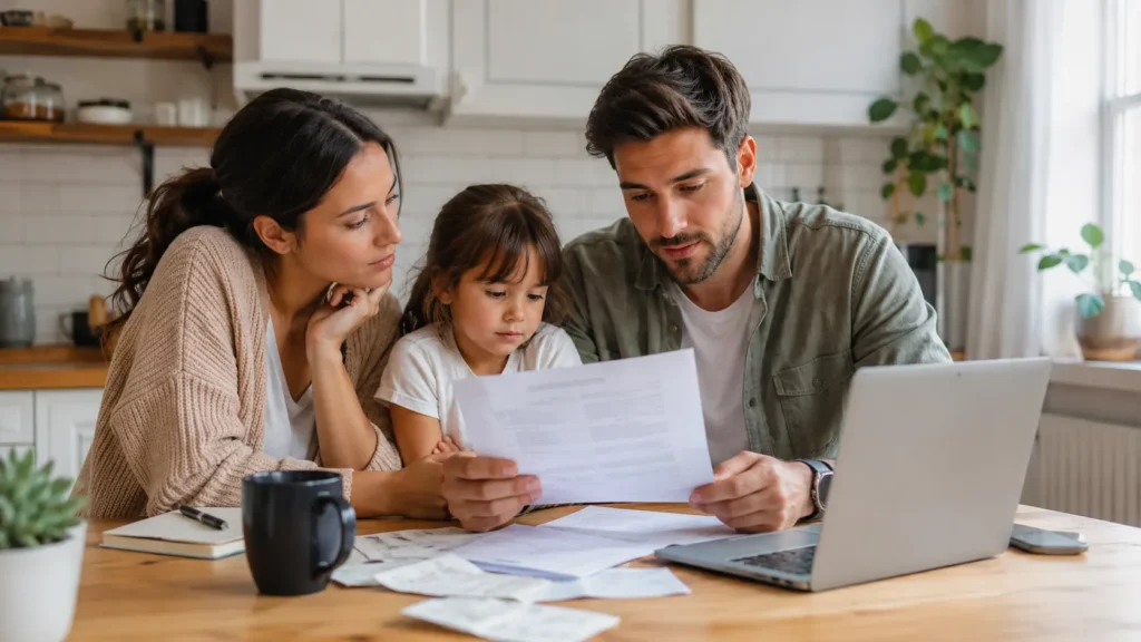 Family reviewing who needs life insurance paperwork at home