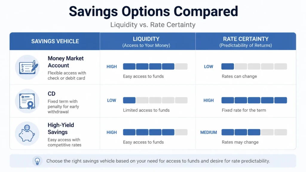 Bar chart infographic comparing money market, CD, and high-yield savings accounts