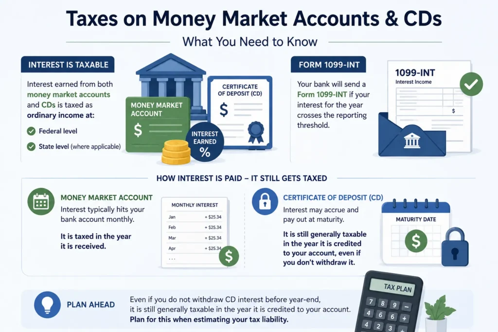 Taxes on money market accounts and CDs, including interest income taxation and Form 1099-INT reporting