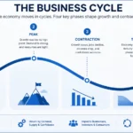 Diagram showing the four phases of the business cycle including expansion, peak, contraction, and trough