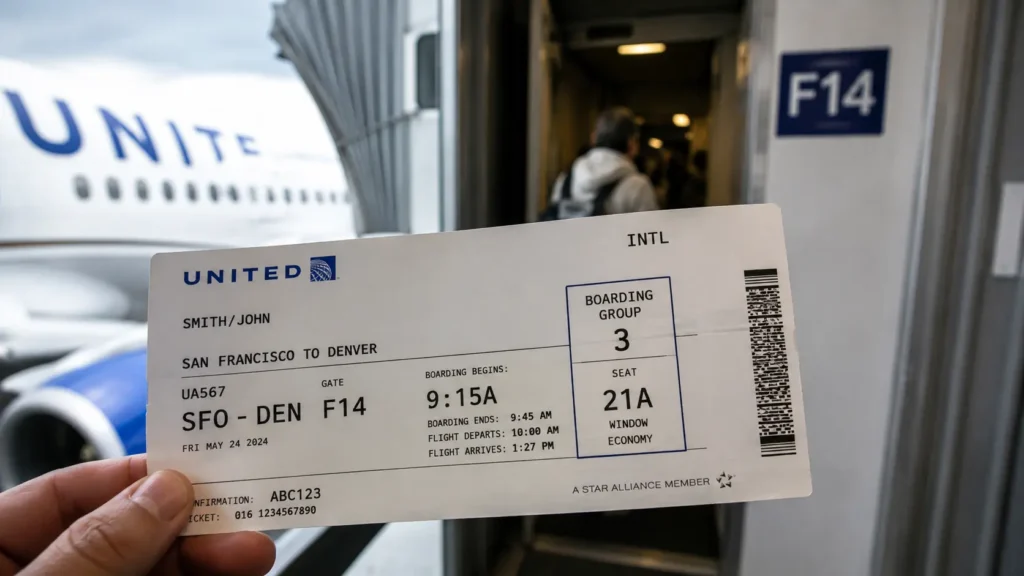 Boarding pass showing a United Airlines boarding group number before gate boarding