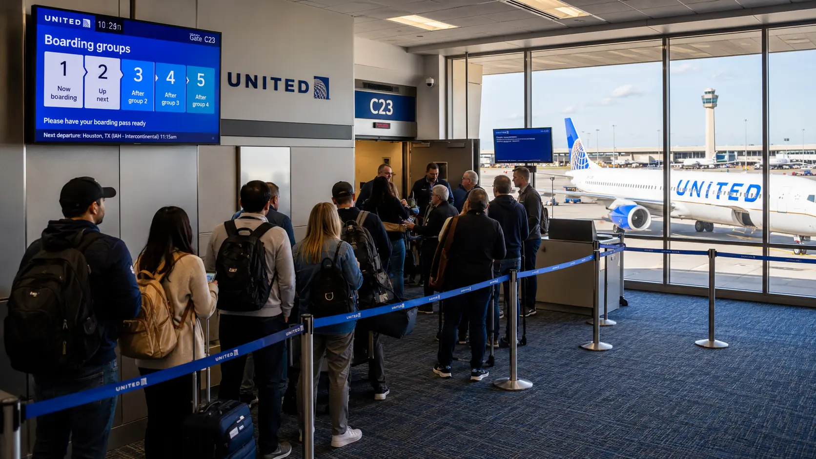 United Airlines passengers lined up by boarding group number at a US airport gate