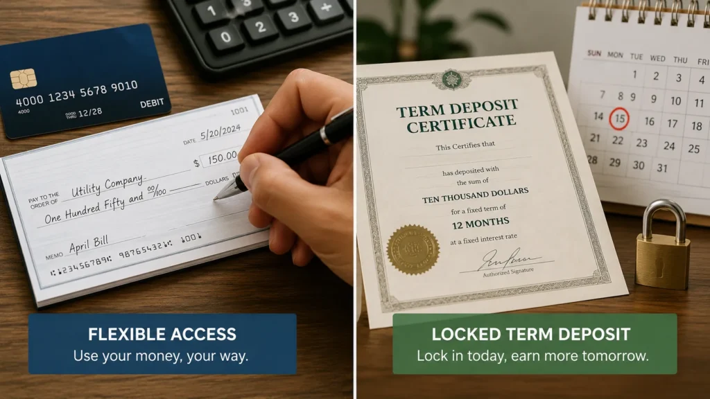 Side-by-side comparison showing money market flexibility versus CD lock-in terms