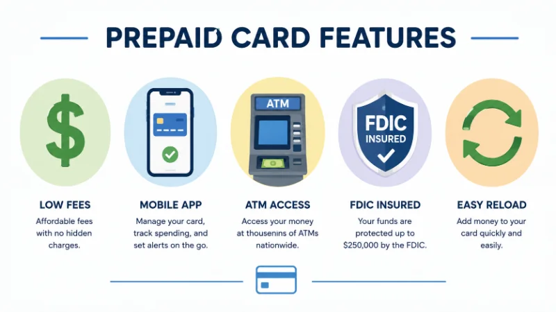 Infographic showing key features to compare on best prepaid debit cards
