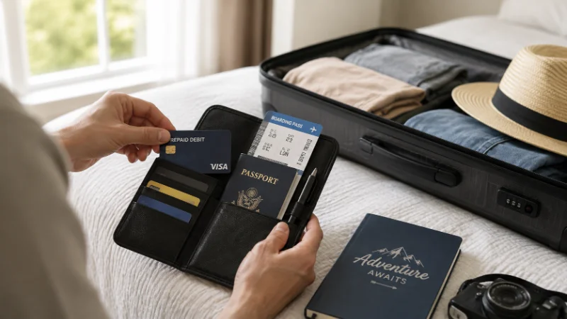 Traveler packing a prepaid debit card along with passport and boarding pass