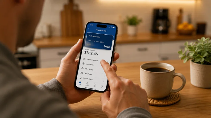 Person checking prepaid debit card balance and transactions on a mobile app