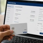 Person holding a prepaid debit card while checking their balance online