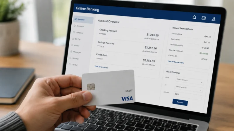 Person holding a prepaid debit card while checking their balance online