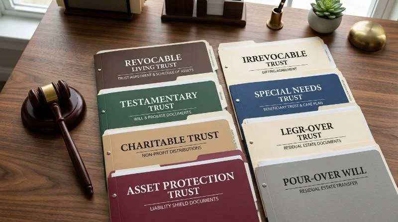 Folders of legal documents representing what is a trust fund and its common types