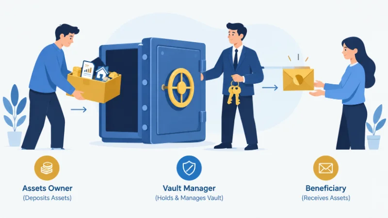 Illustration explaining what is a trust fund through the grantor, trustee, and beneficiary roles