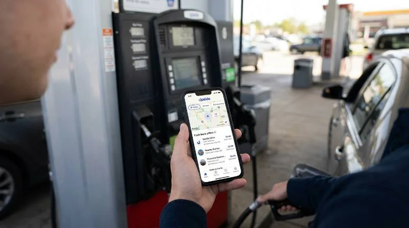 Upside app reviews shown on phone at gas station