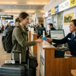 traveler handing debit card to agent at Hertz rental counter