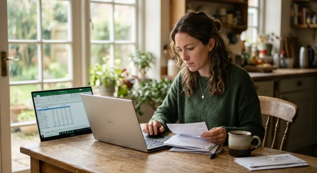 What Is Debt? A Plain-English Breakdown 1 Woman reviewing what is debt by checking bills and a budget spreadsheet