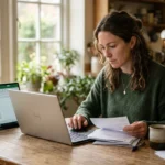 Woman reviewing what is debt by checking bills and a budget spreadsheet