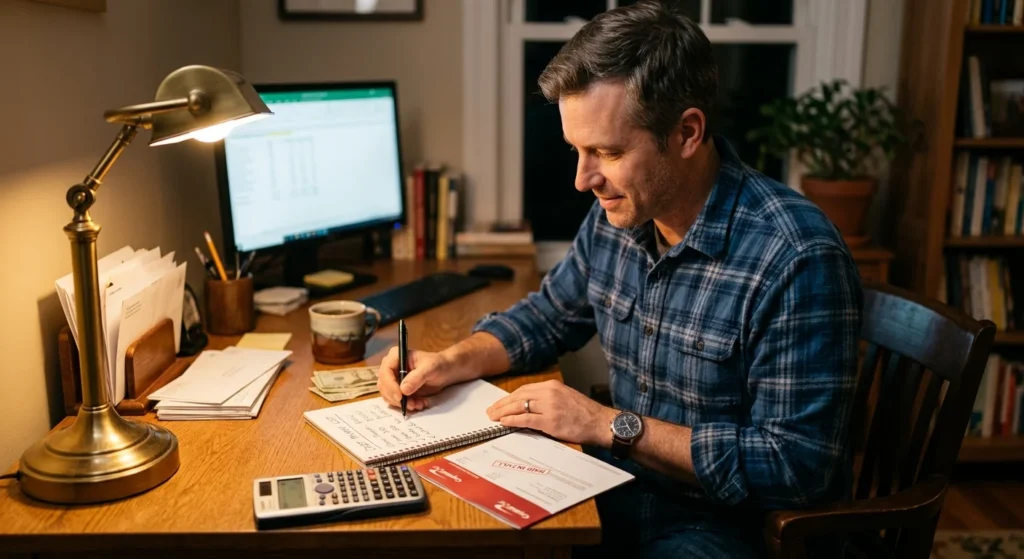 What Is Debt? A Plain-English Breakdown 4 Paying down debt using a written payoff list at home