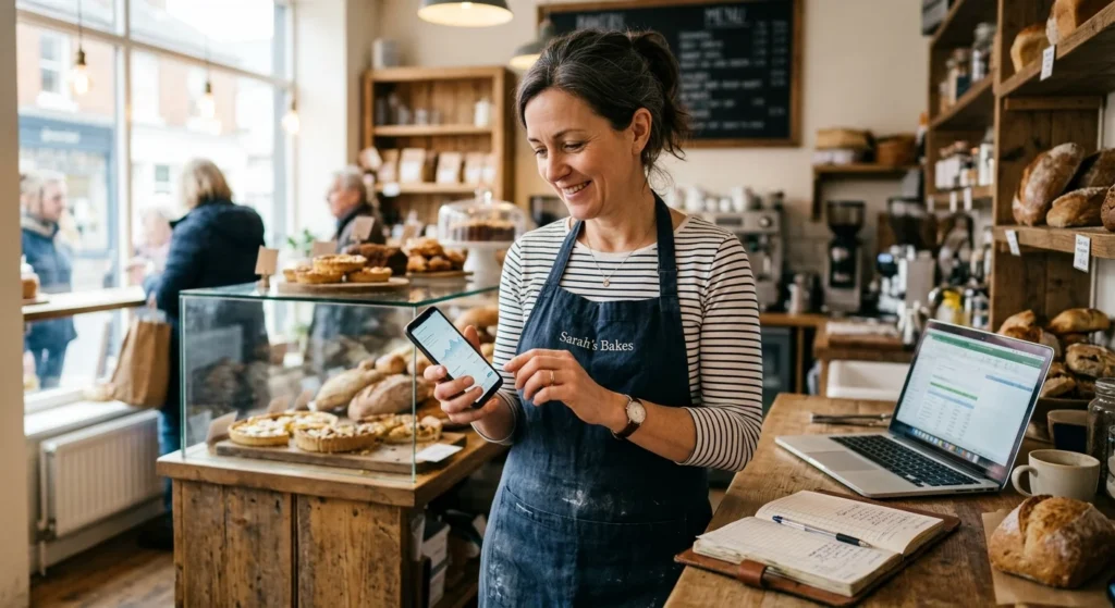 Bakery owner reviewing one of the best small business banks on her phone at the shop counter