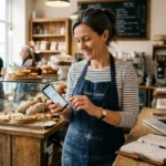 Bakery owner reviewing one of the best small business banks on her phone at the shop counter