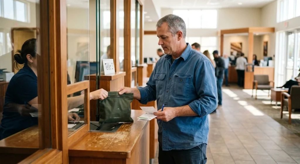 The Best Small Business Banks in the US for 2026 2 Restaurant owner making a cash deposit at a branch, one reason the best small business banks still keep branches