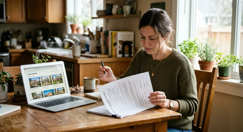 Home buyer reading an agreement while deciding if she can work with multiple realtors