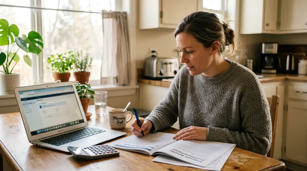 Woman comparing the difference between HSA and FSA options in an open enrollment packet