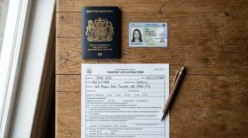 Passport, driver's license, and application form for a replacement Social Security card