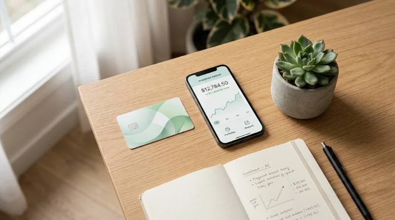 Fidelity Card Review: How the 2% Cash Back Really Works 1 Fidelity card resting on a desk next to a phone showing an investment account balance