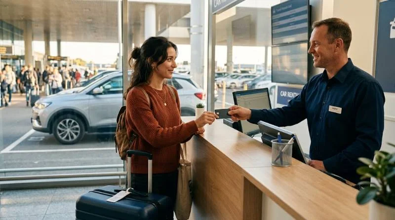 Fidelity Card Review: How the 2% Cash Back Really Works 3 Traveler paying at a rental counter with a fidelity visa card to use its travel protections